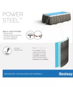 PISCINA FUORI TERRA CON STRUTTURA RETTANGOLARE BESTWAY "POWER STEEL FRAME"  CON COPERTURA, FILTRO, SCALA E CHEMCONNECT EFFETTO RATTAN 488X244X122 CM - COD. 56996